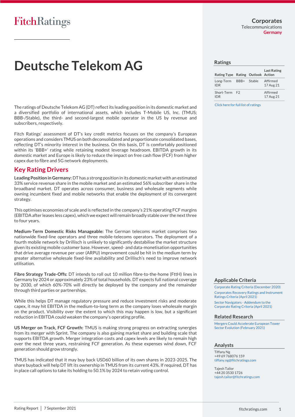 Fitch Affirms Deutsche Telekom at 'BBB+'; Outlook Stable