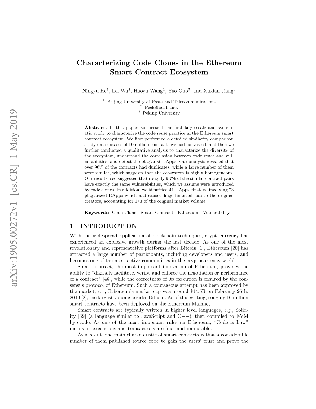 Arxiv:1905.00272V1 [Cs.CR] 1 May 2019 Sensus Protocol of Ethereum