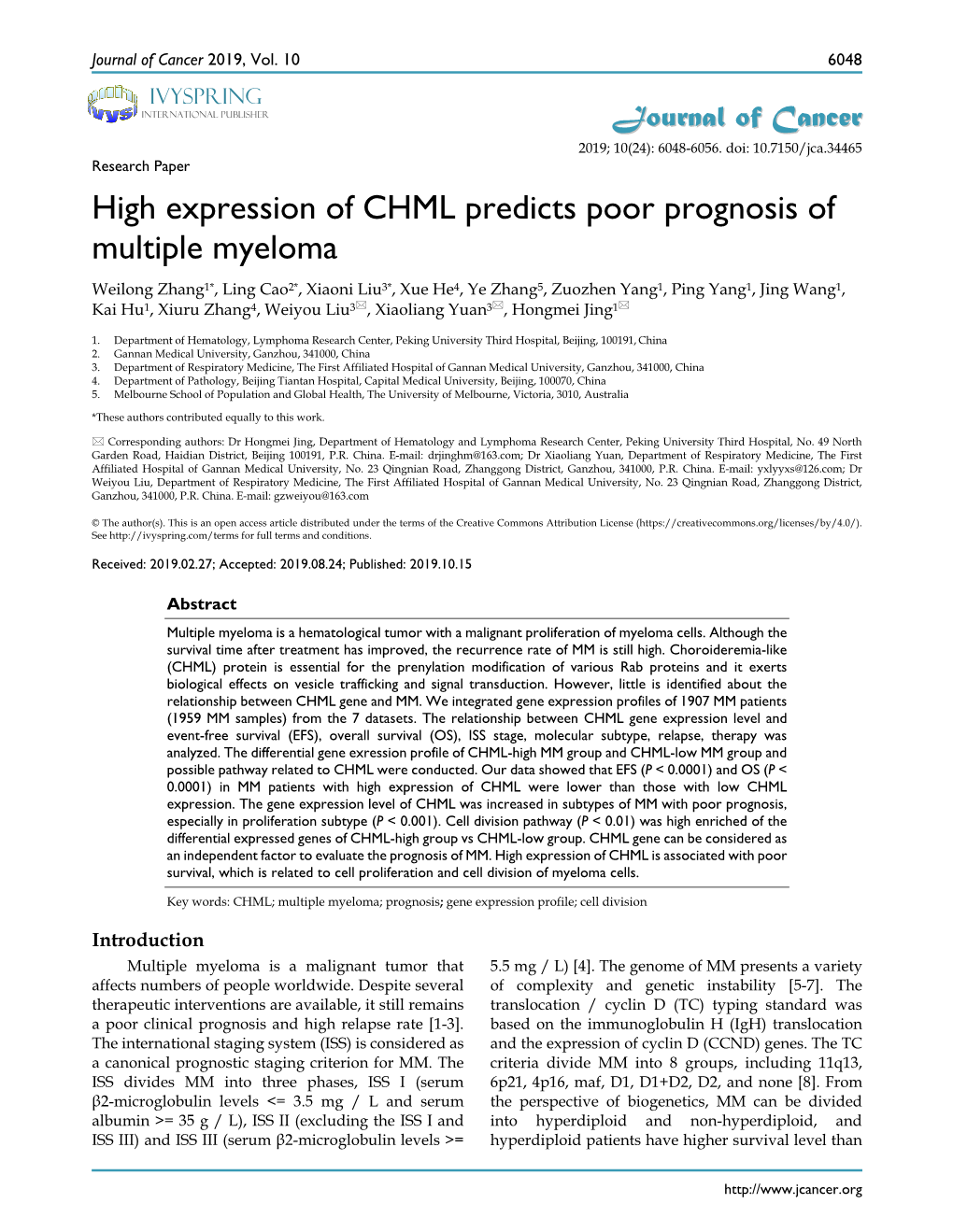 High Expression of CHML Predicts Poor Prognosis of Multiple Myeloma