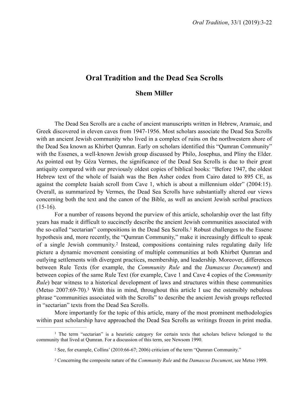 Oral Tradition and the Dead Sea Scrolls