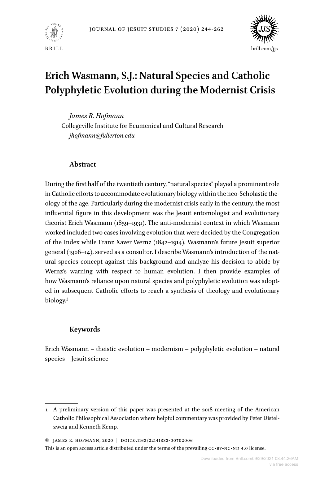 Erich Wasmann, S.J.: Natural Species and Catholic Polyphyletic Evolution During the Modernist Crisis