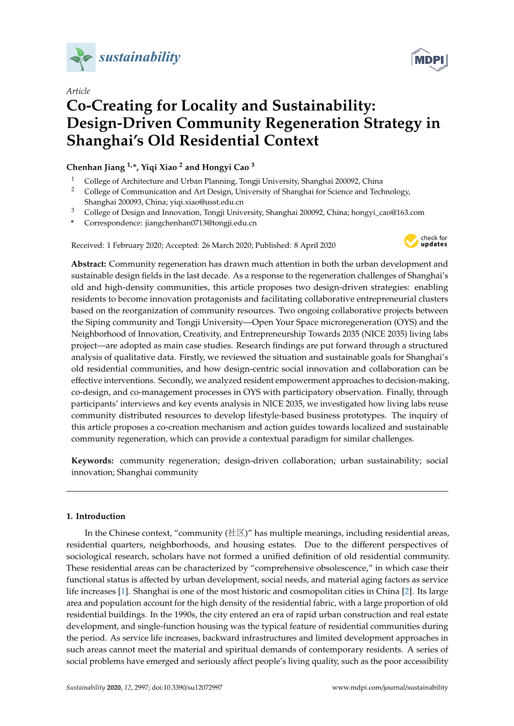 Co-Creating for Locality and Sustainability: Design-Driven Community Regeneration Strategy in Shanghai’S Old Residential Context