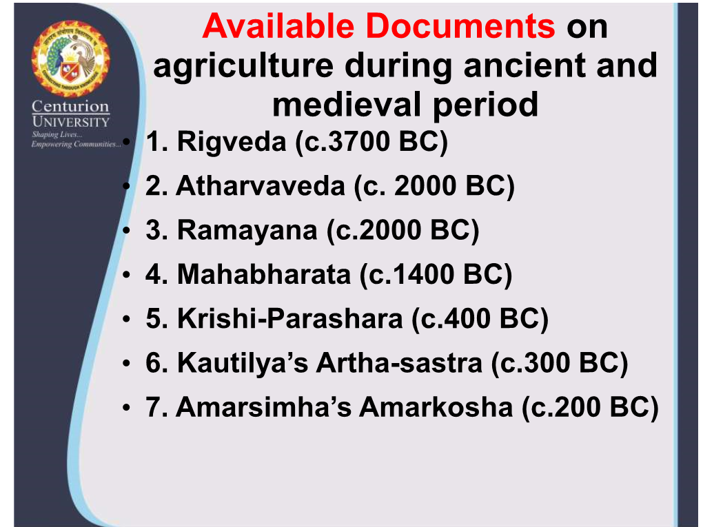 Available Documents on Agriculture During Ancient and Medieval Period • 1