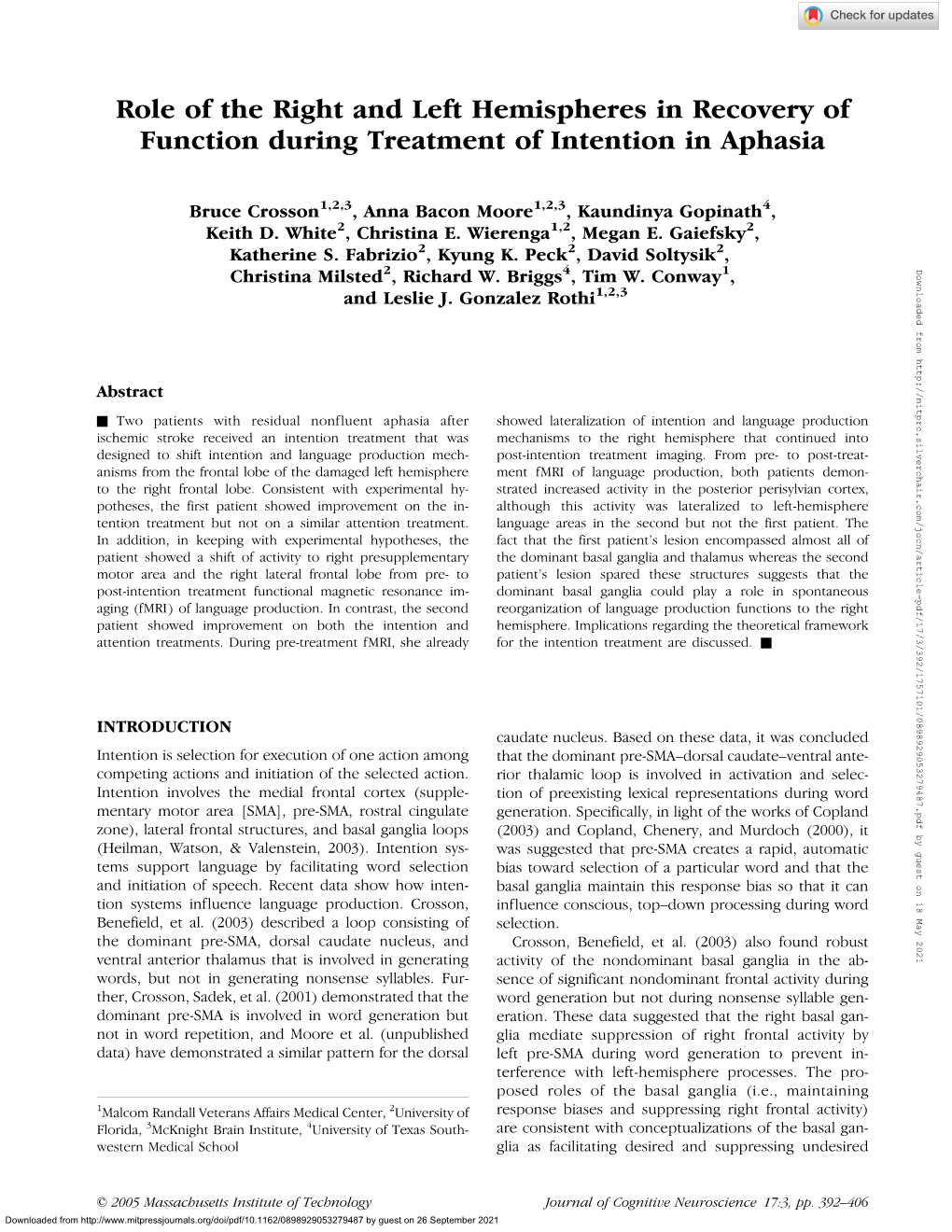 Role of the Right and Left Hemispheres in Recovery of Function During Treatment of Intention in Aphasia