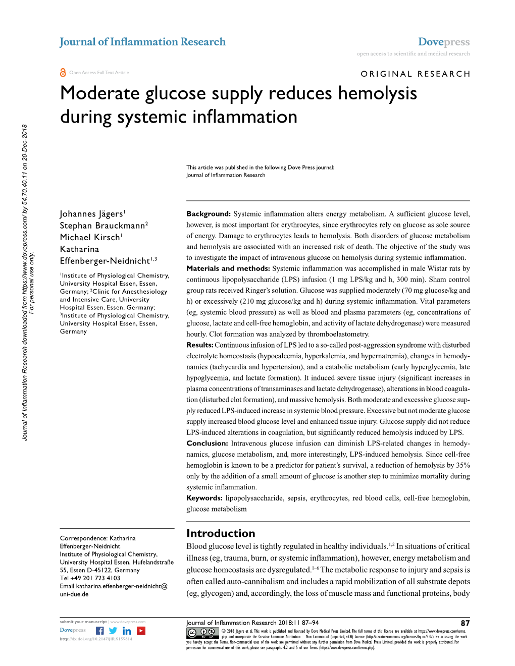 Moderate Glucose Supply Reduces Hemolysis During Systemic Inflammation