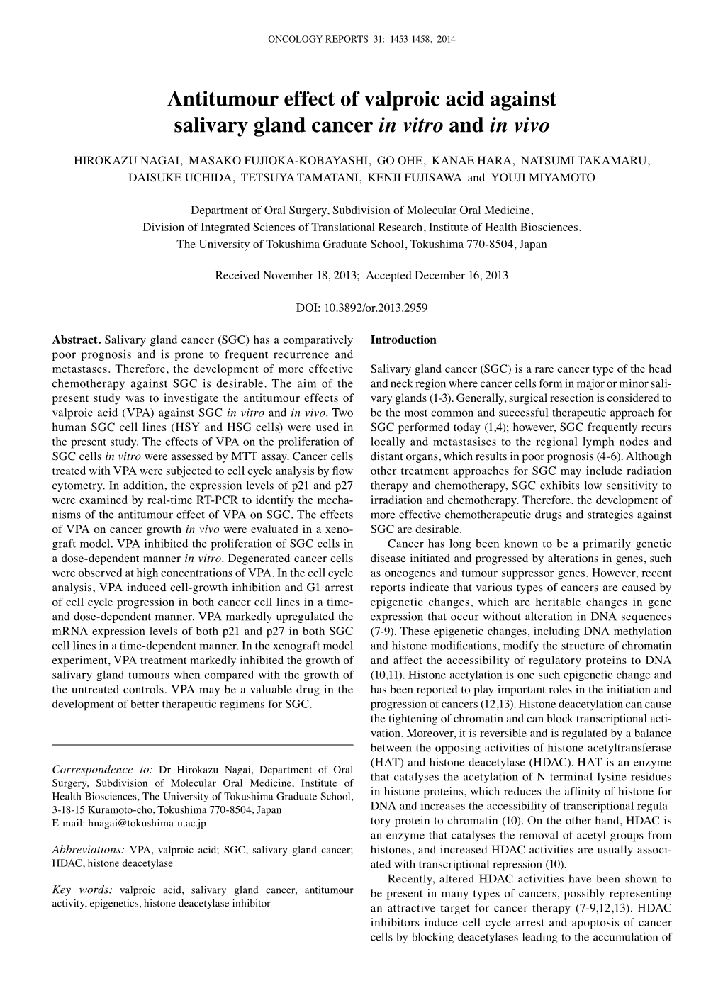 Antitumour Effect of Valproic Acid Against Salivary Gland Cancer in Vitro and in Vivo