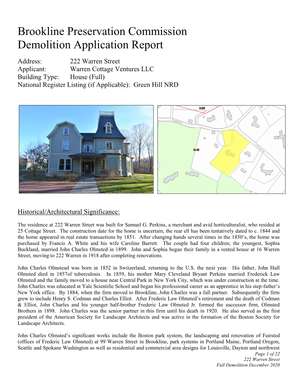 Brookline Preservation Commission Demolition Application Report