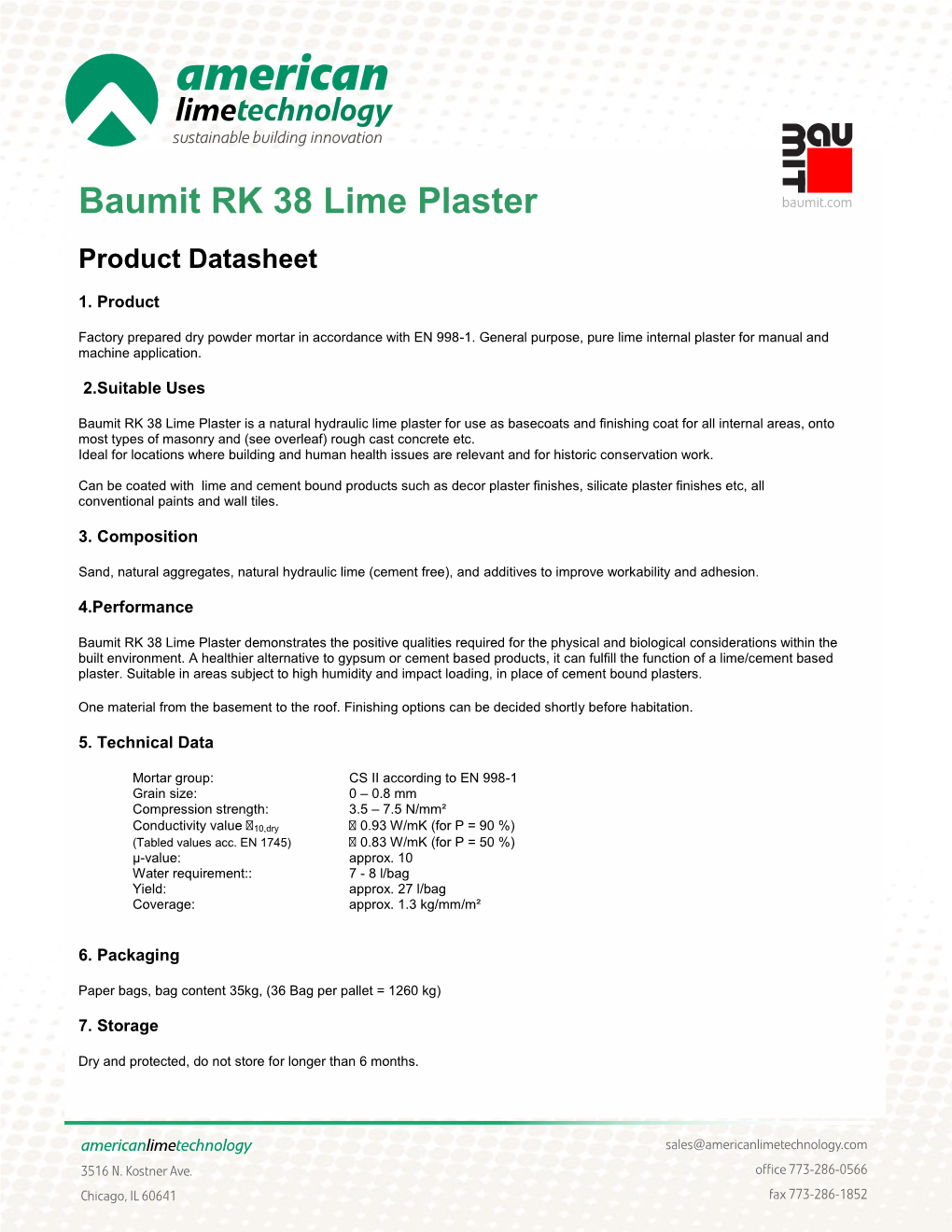 Baumit RK 38 Lime Plaster Product Datasheet