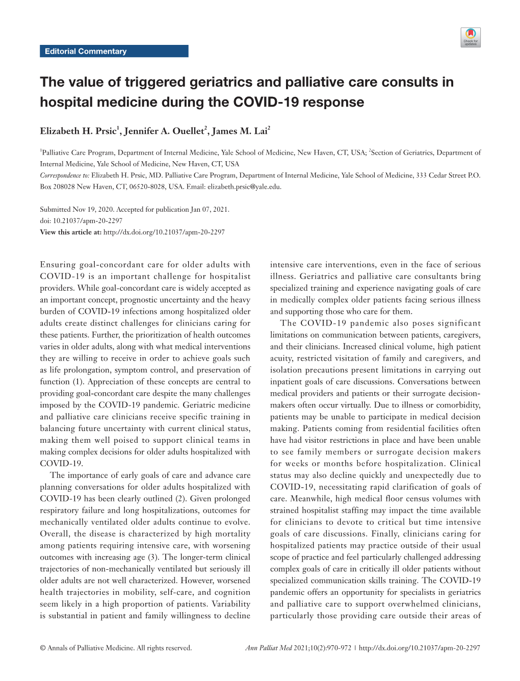 The Value of Triggered Geriatrics and Palliative Care Consults in Hospital Medicine During the COVID-19 Response