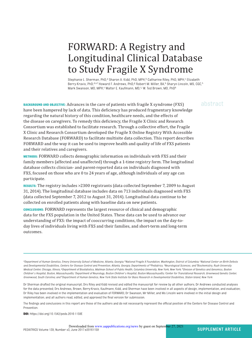 FORWARD: a Registry and Longitudinal Clinical Database to Study Fragile X Syndrome Stephanie L