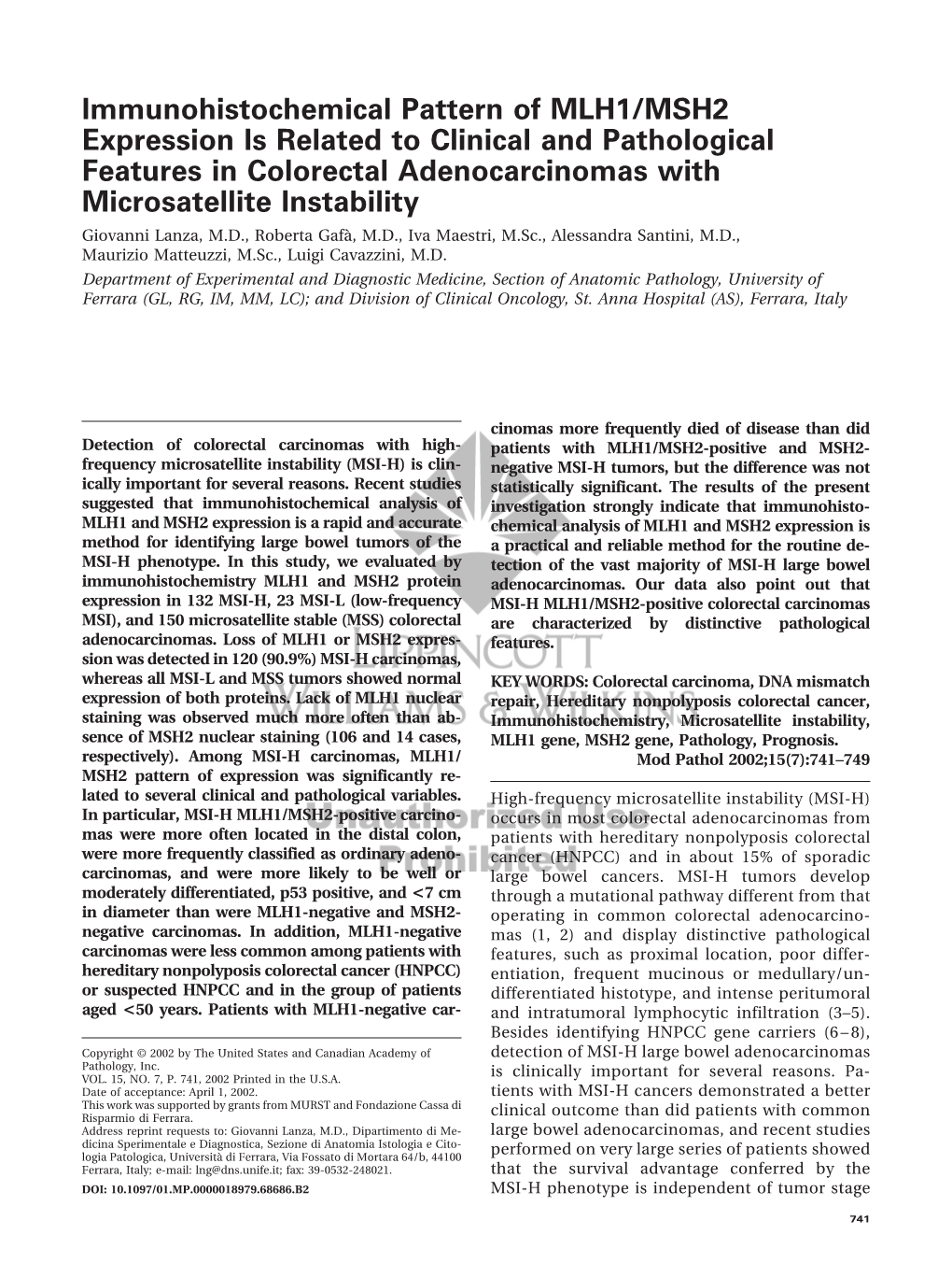 Immunohistochemical Pattern of MLH1/MSH2 Expression Is Related