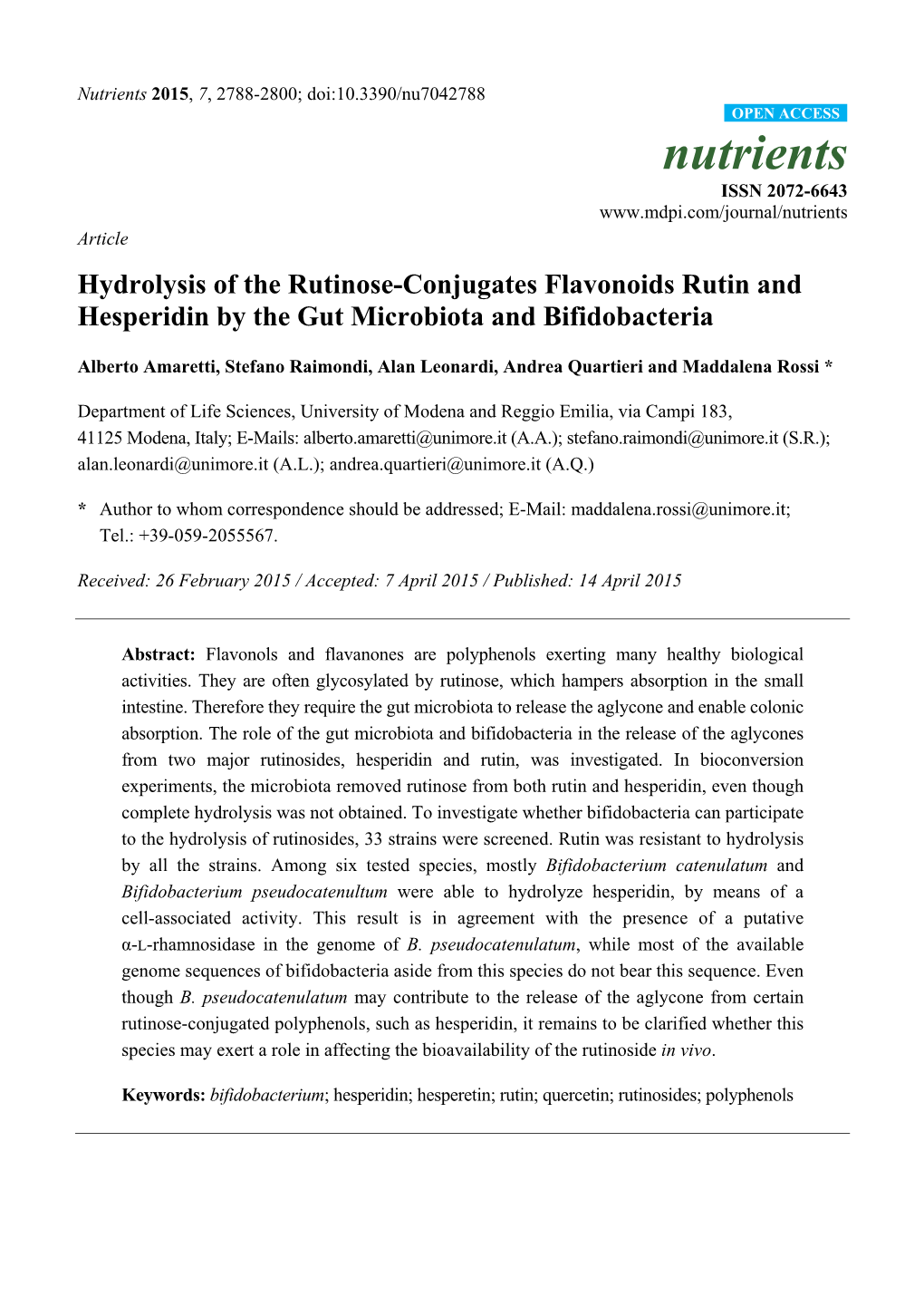 Hydrolysis of the Rutinose-Conjugates Flavonoids Rutin and Hesperidin by the Gut Microbiota and Bifidobacteria