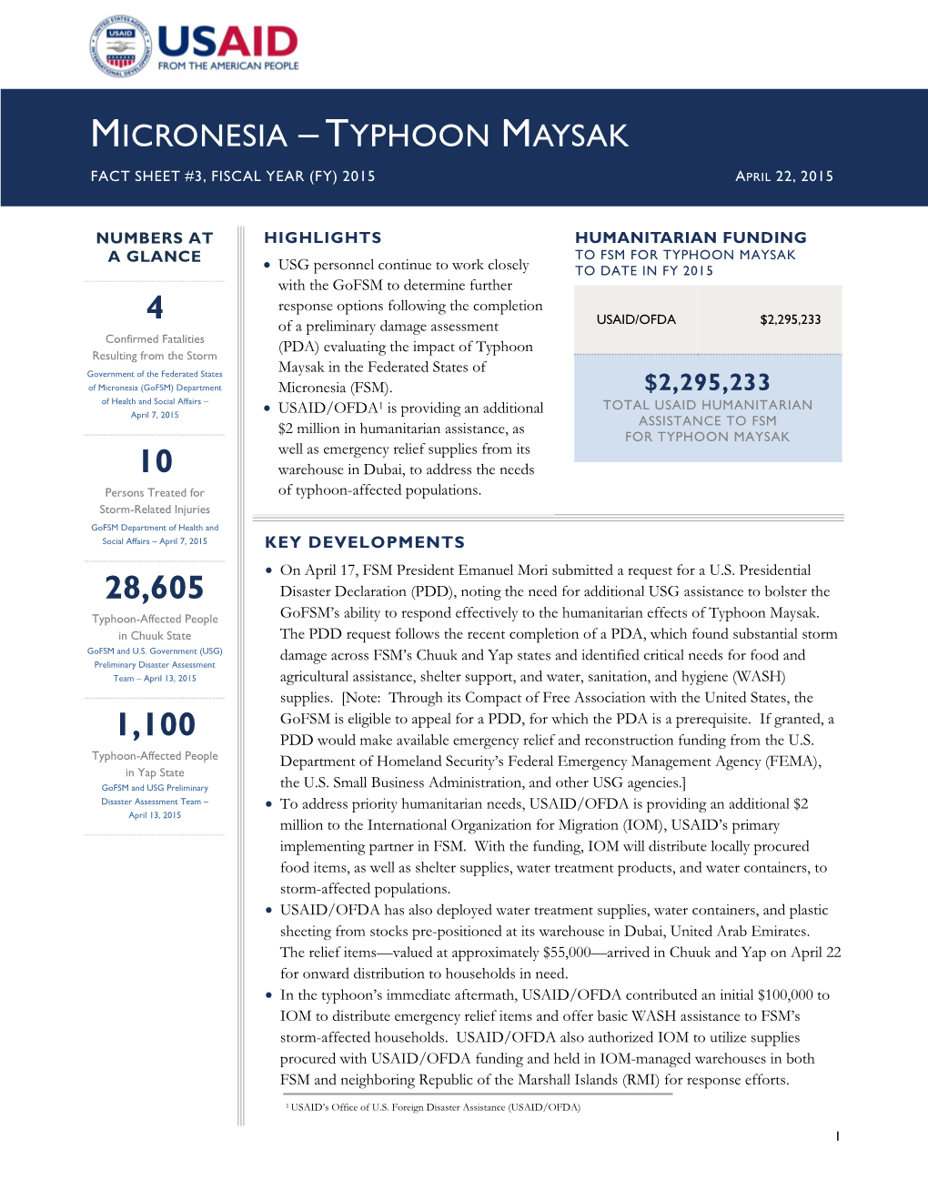 Typhoon Maysak Fact Sheet #3, Fiscal Year (Fy) 2015 April 22, 2015