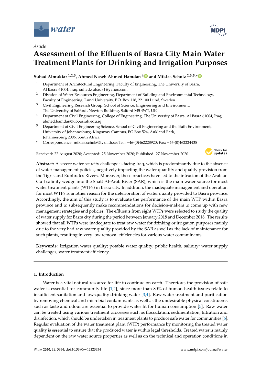 Assessment of the Effluents of Basra City Main Water Treatment Plants