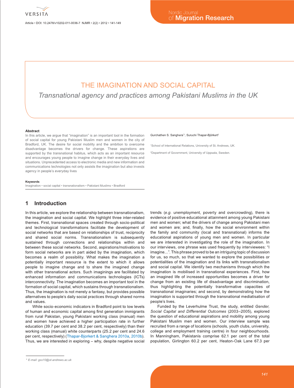 THE IMAGINATION and SOCIAL CAPITAL Transnational Agency and Practices Among Pakistani Muslims in the UK