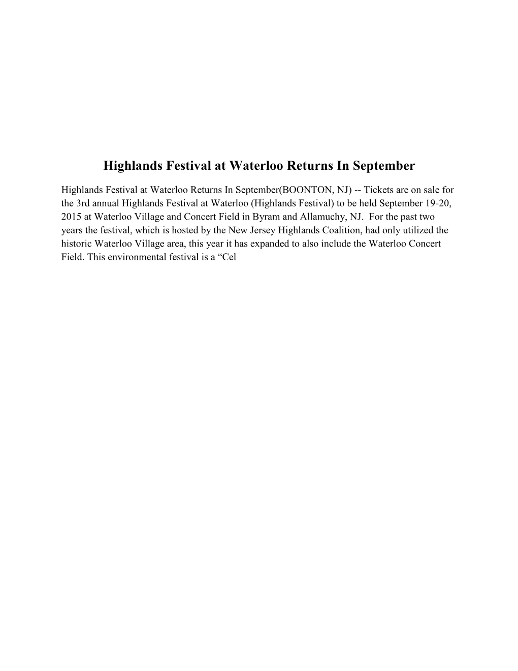 Highlands Festival at Waterloo Returns in September