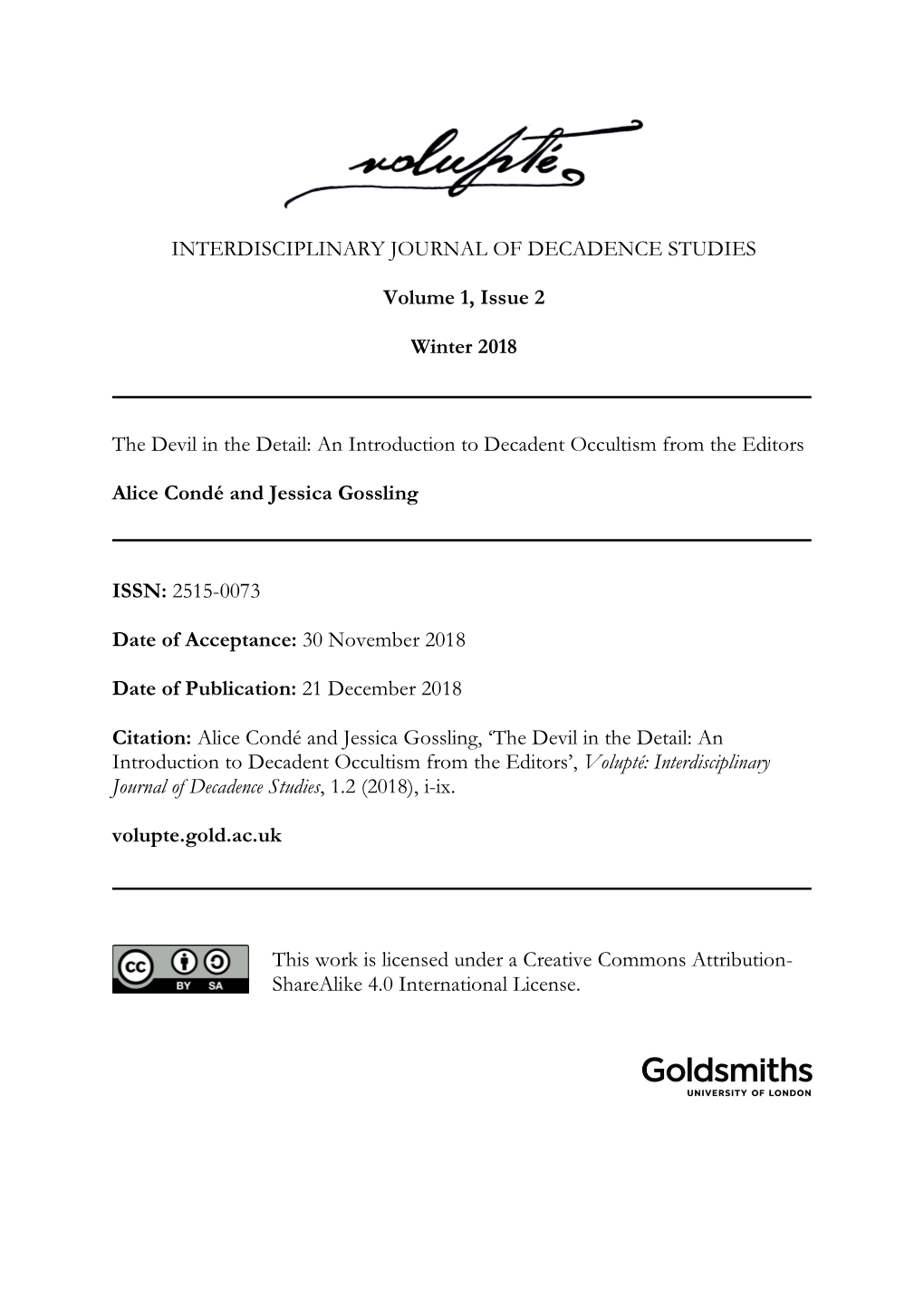 INTERDISCIPLINARY JOURNAL of DECADENCE STUDIES Volume 1