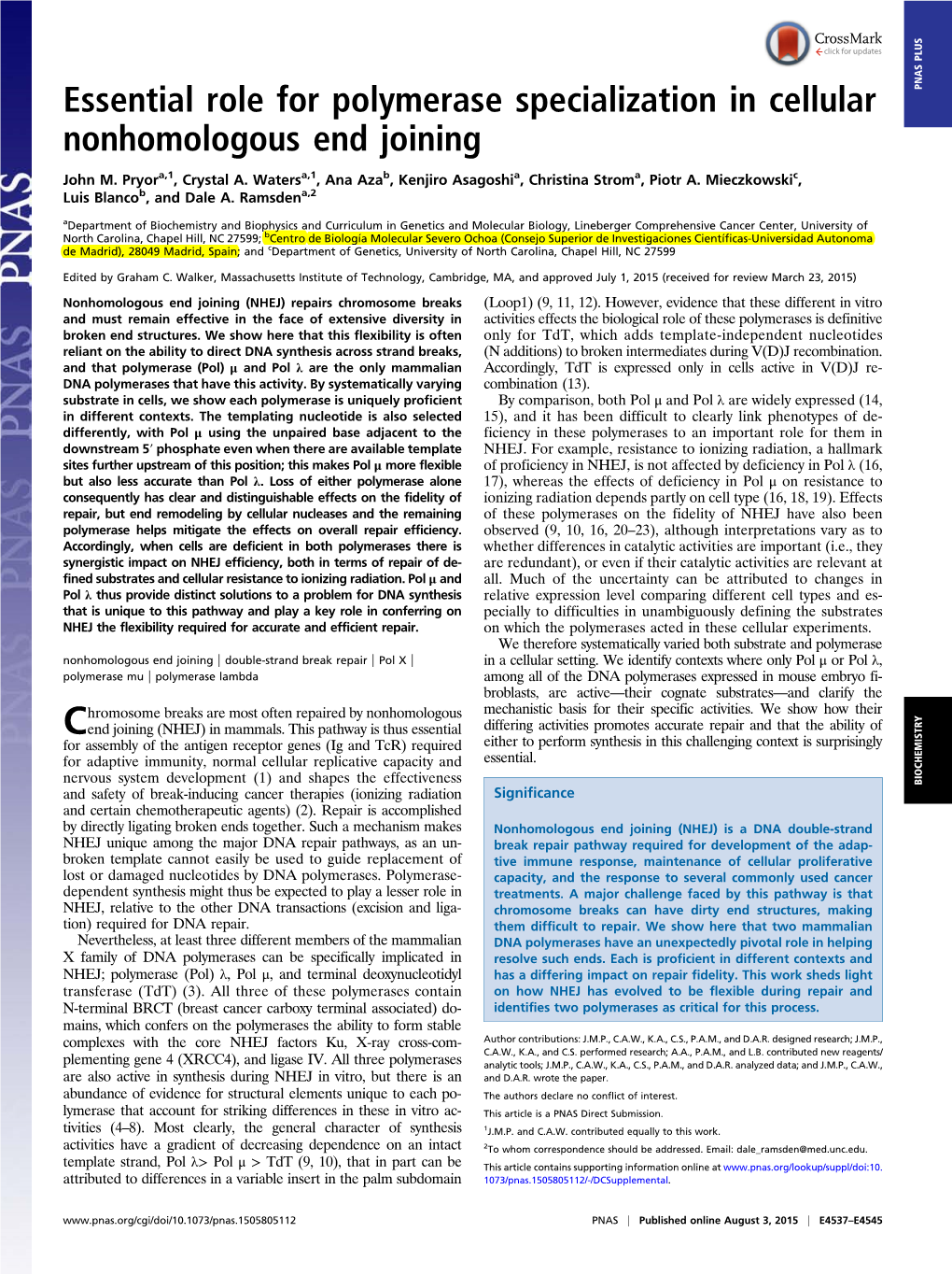 Essential Role for Polymerase Specialization in Cellular PNAS PLUS Nonhomologous End Joining