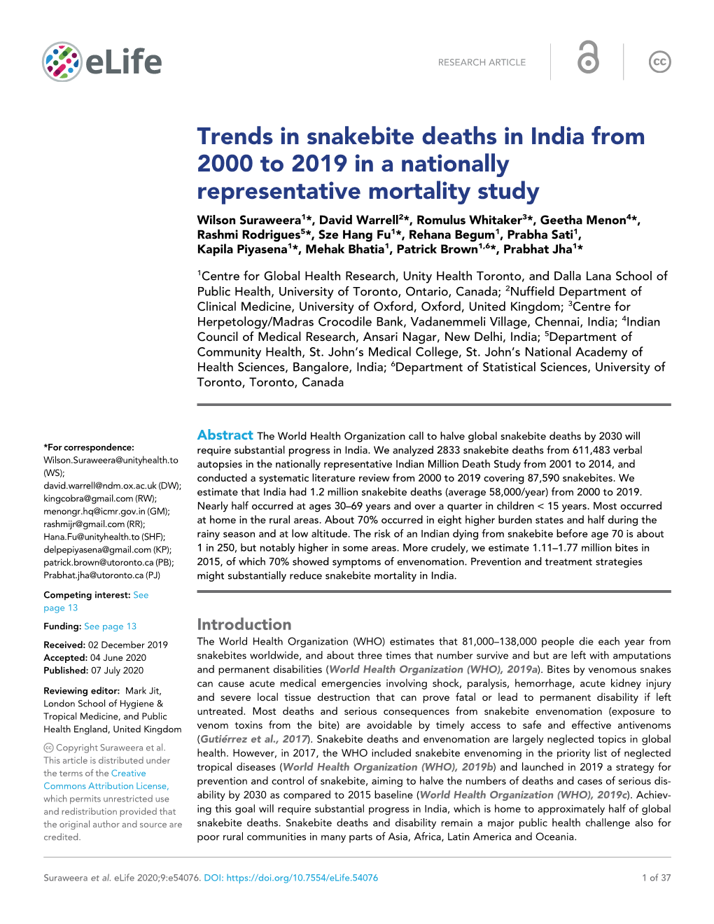 Trends in Snakebite Deaths in India from 2000 to 2019 in a Nationally
