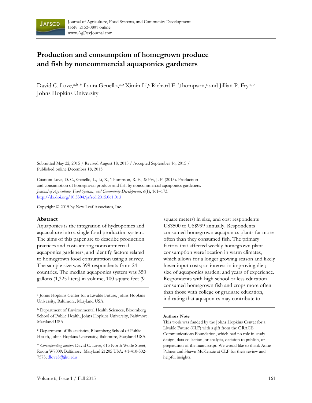 Production and Consumption of Homegrown Produce and Fish by Noncommercial Aquaponics Gardeners