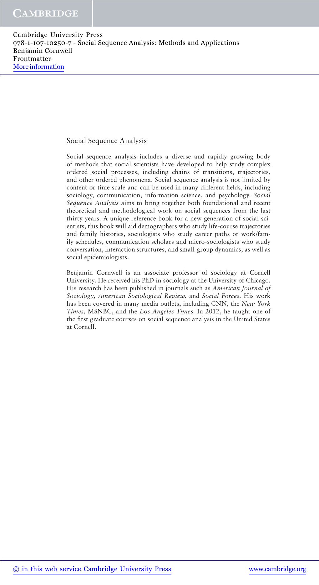 Social Sequence Analysis: Methods and Applications Benjamin Cornwell Frontmatter More Information