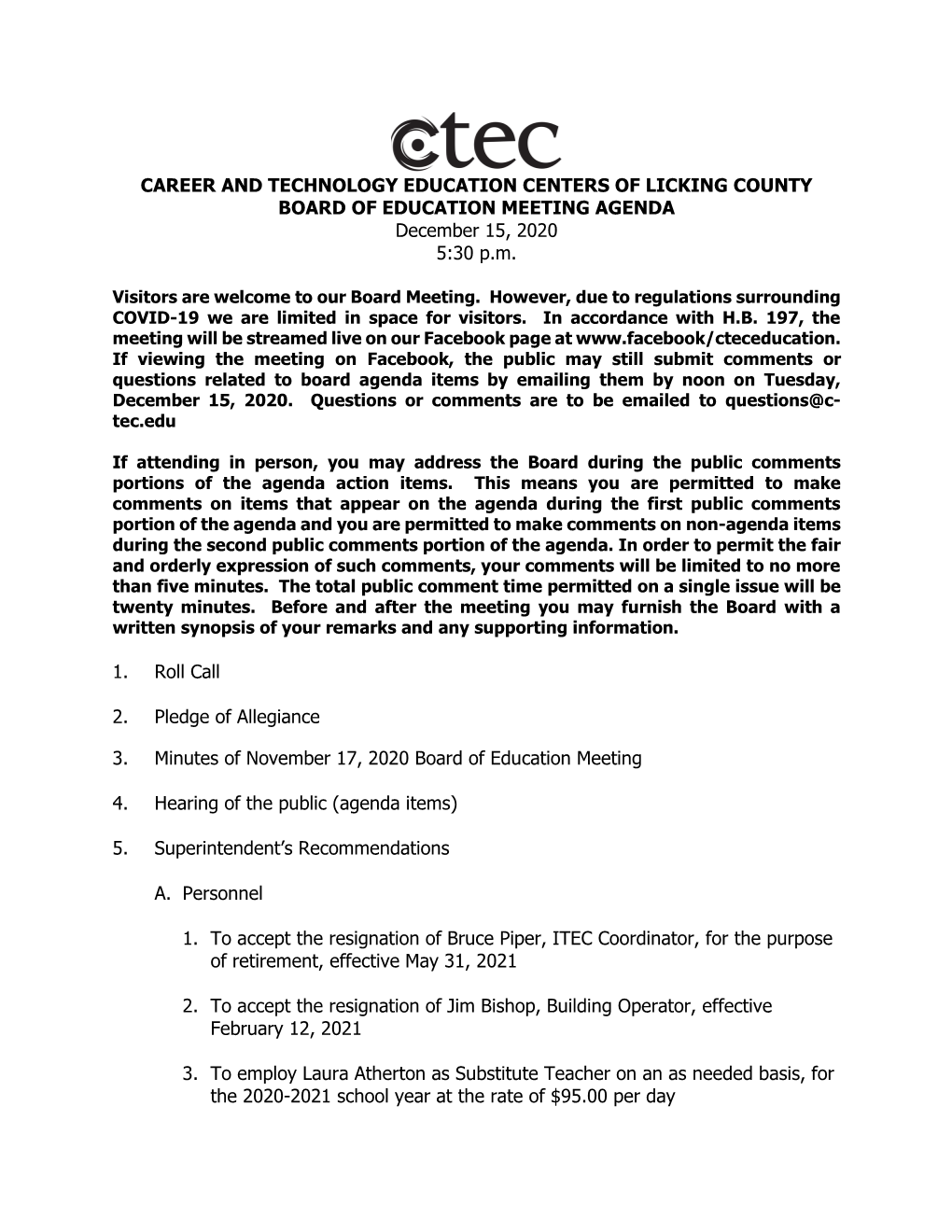 C-TEC Board Agendas and Minutes 2020