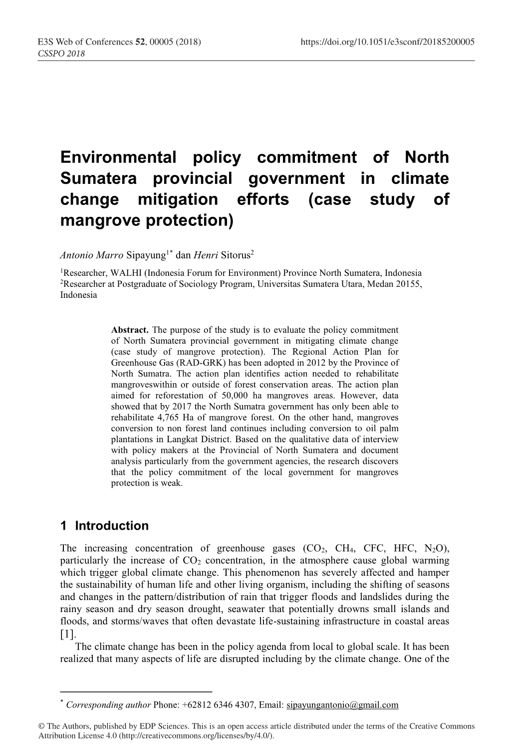 Environmental Policy Commitment of North Sumatera Provincial Government in Climate Change Mitigation Efforts (Case Study of Mangrove Protection)