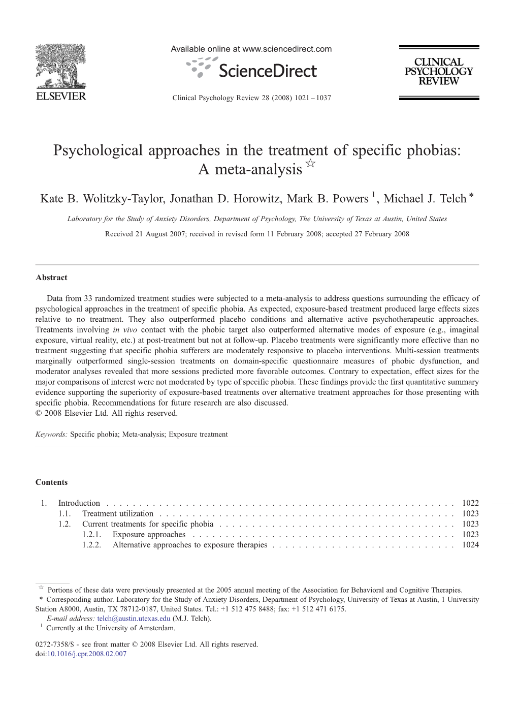 Psychological Approaches in the Treatment of Specific Phobias: a Meta-Analysis ☆ ⁎ Kate B