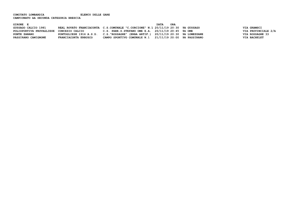 Comitato Lombardia Elenco Delle Gare Campionato Aa Seconda Categoria Brescia