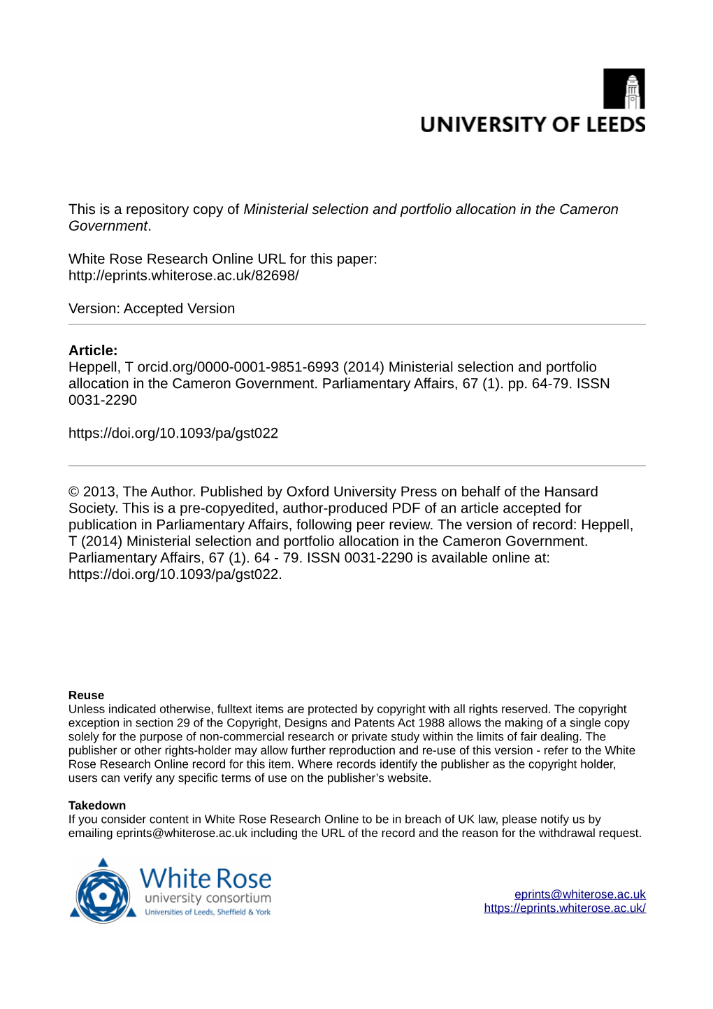 Ministerial Selection and Portfolio Allocation in the Cameron Government