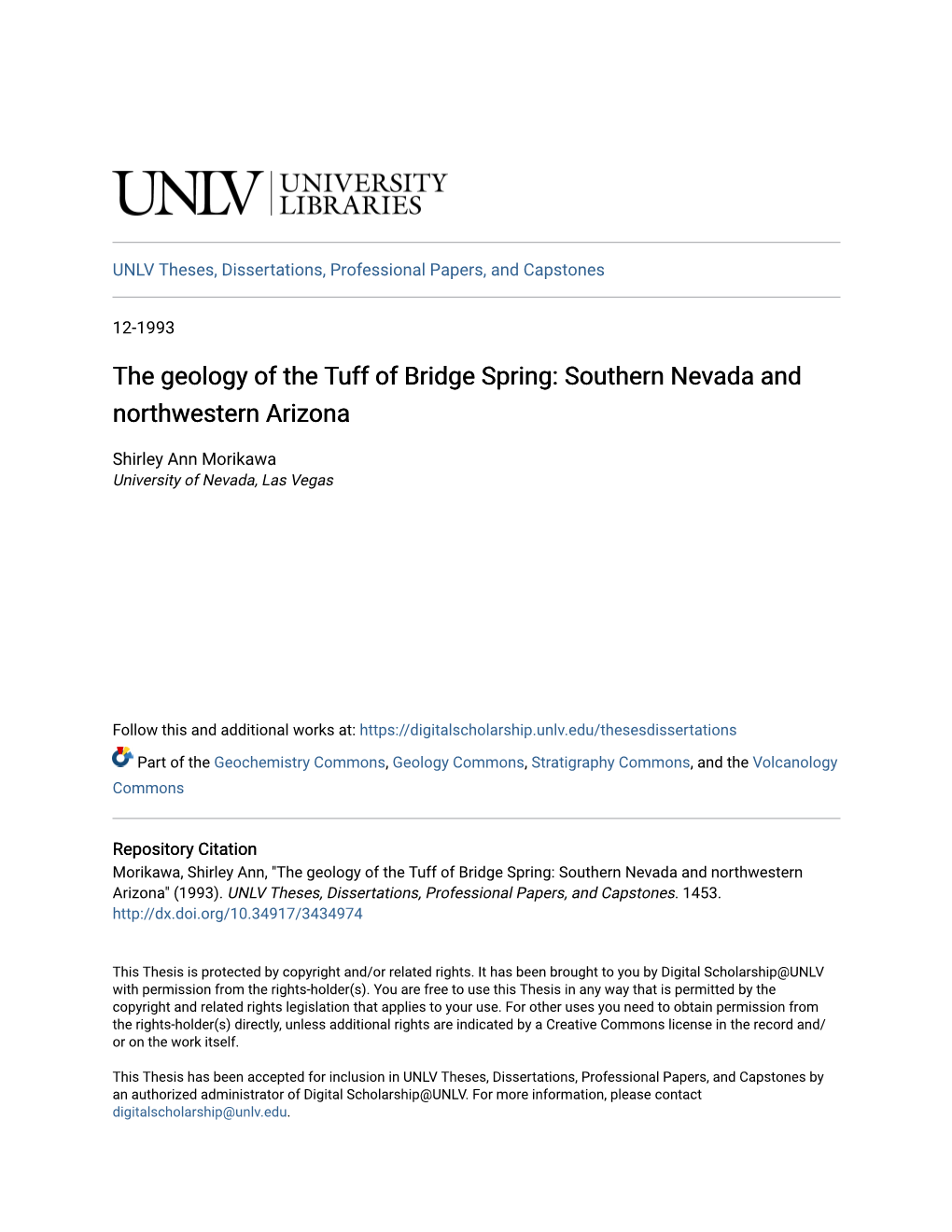 The Geology of the Tuff of Bridge Spring: Southern Nevada and Northwestern Arizona