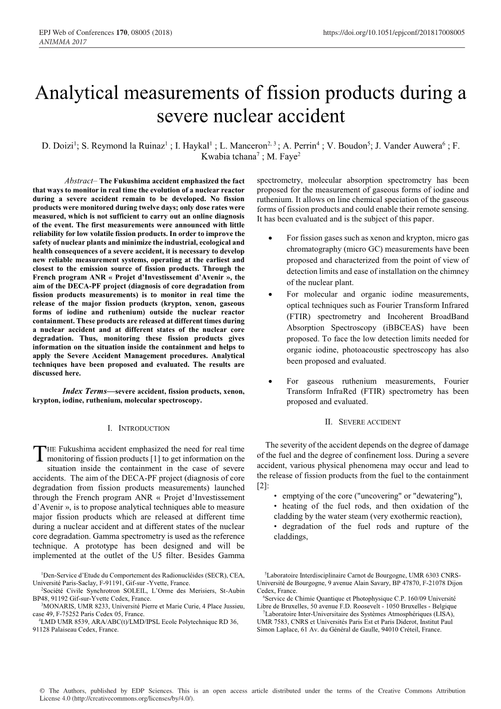 Analytical Measurements of Fission Products During a Severe Nuclear Accident