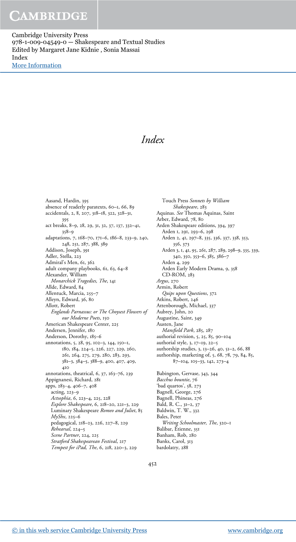 Cambridge University Press 978-1-009-04549-0 — Shakespeare and Textual Studies Edited by Margaret Jane Kidnie , Sonia Massai Index More Information