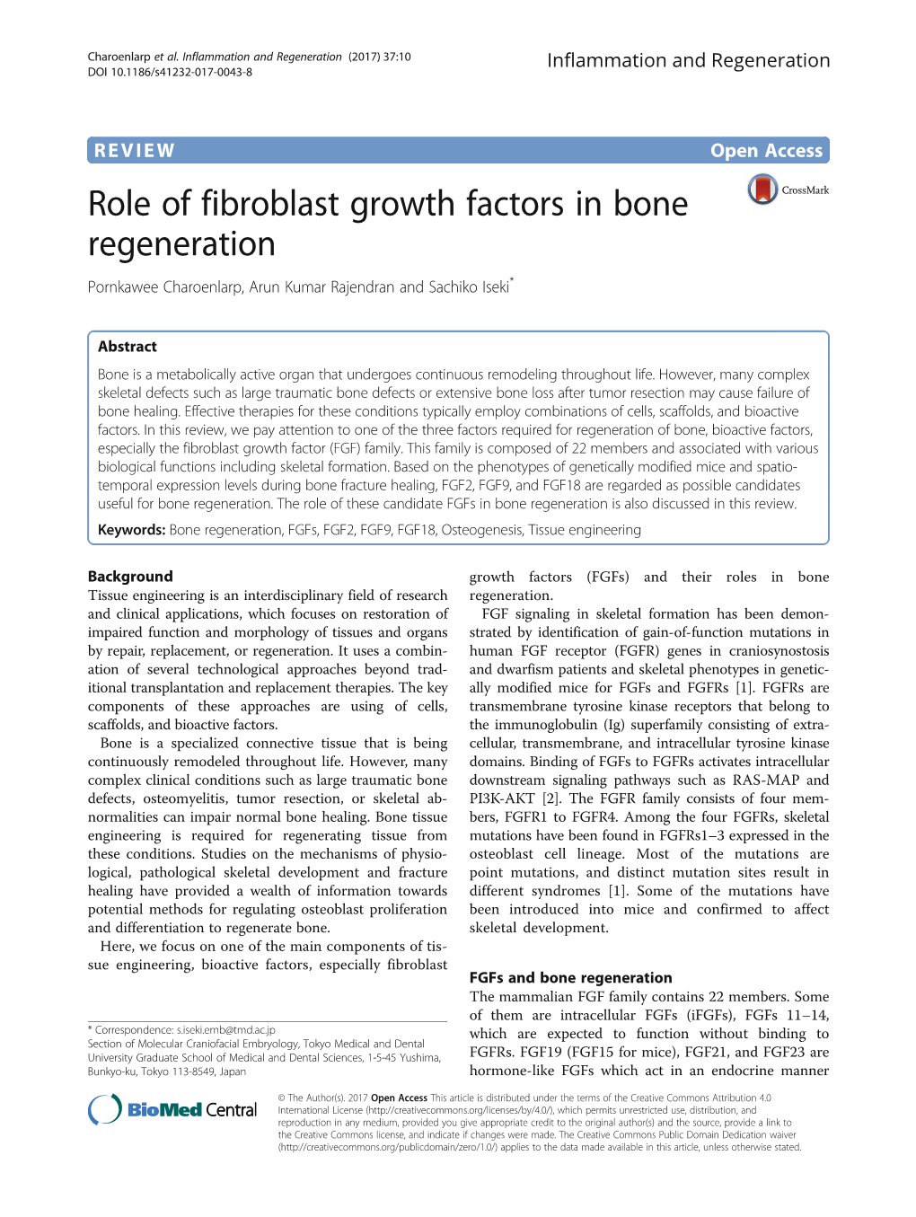 Role of Fibroblast Growth Factors in Bone Regeneration Pornkawee Charoenlarp, Arun Kumar Rajendran and Sachiko Iseki*