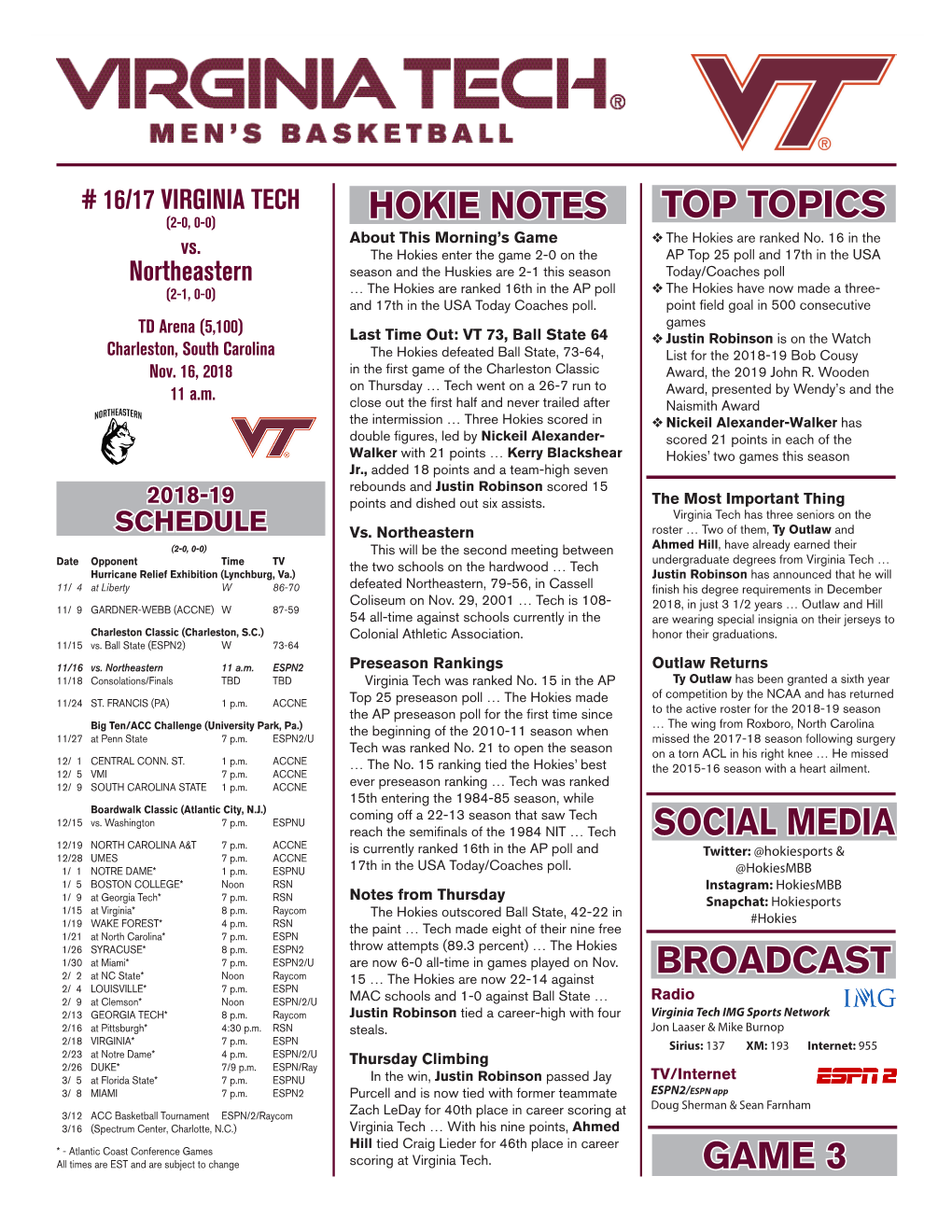 Top Topics Hokie Notes Broadcast Game 3 Social Media