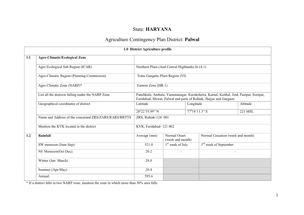 State: HARYANA Agriculture Contingency Plan District: Palwal