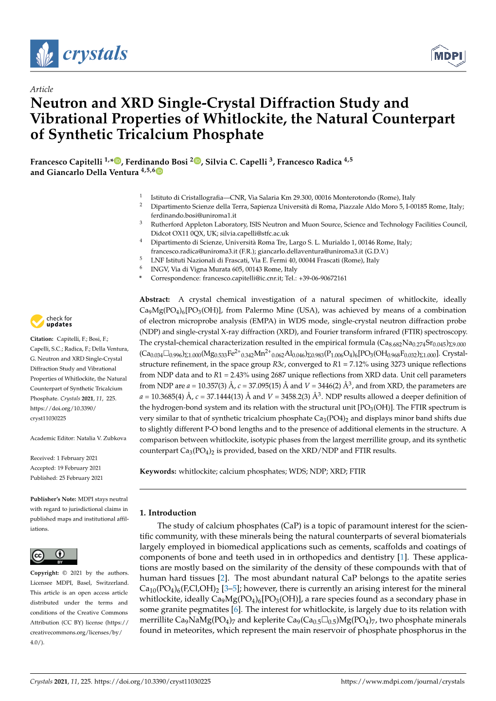 Neutron and XRD Single-Crystal Diffraction Study and Vibrational Properties of Whitlockite, the Natural Counterpart of Synthetic Tricalcium Phosphate