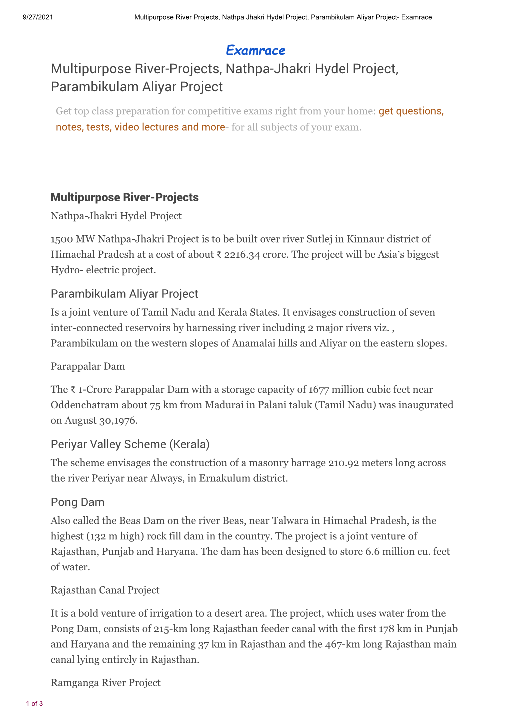 Multipurpose River-Projects, Nathpa-Jhakri Hydel Project, Parambikulam Aliyar Project