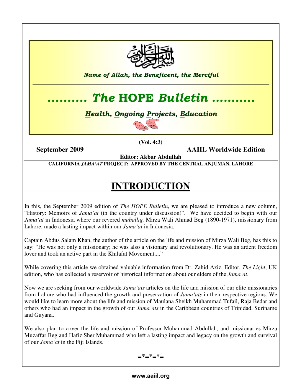 The HOPE Bulletin: September 2009 Bulletin —