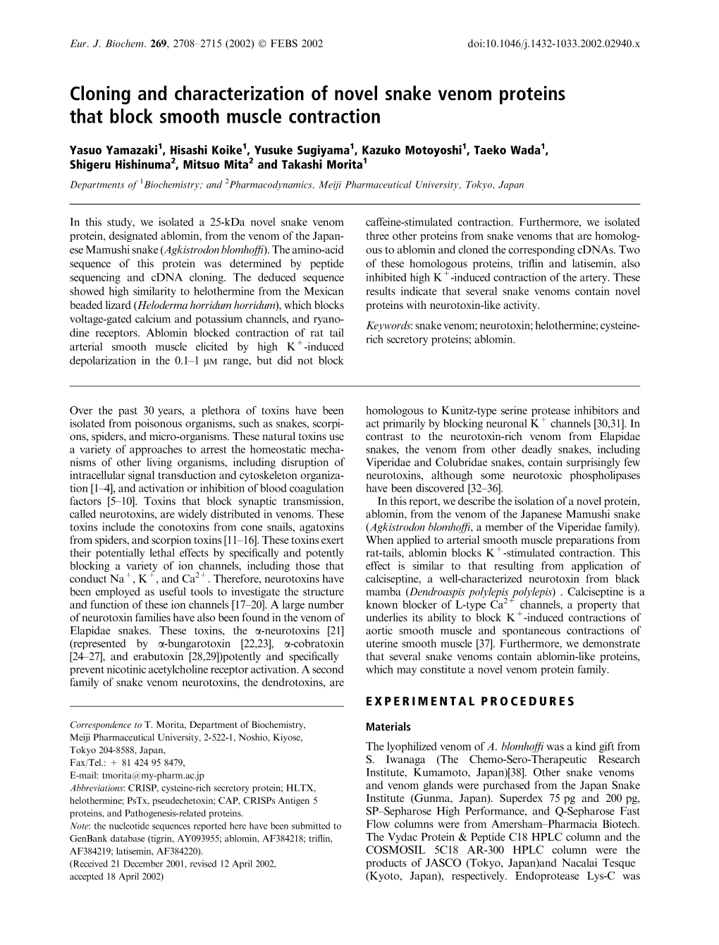 Cloning and Characterization of Novel Snake Venom Proteins That Block Smooth Muscle Contraction