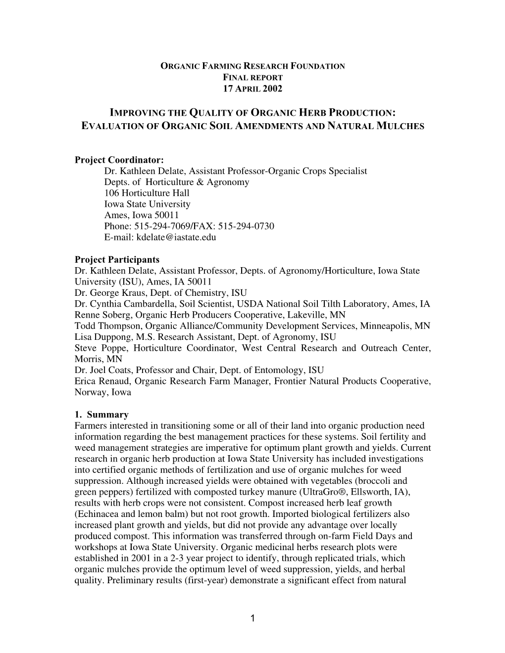 Improving the Quality of Organic Herb Production: Evaluation of Organic Soil Amendments and Natural Mulches