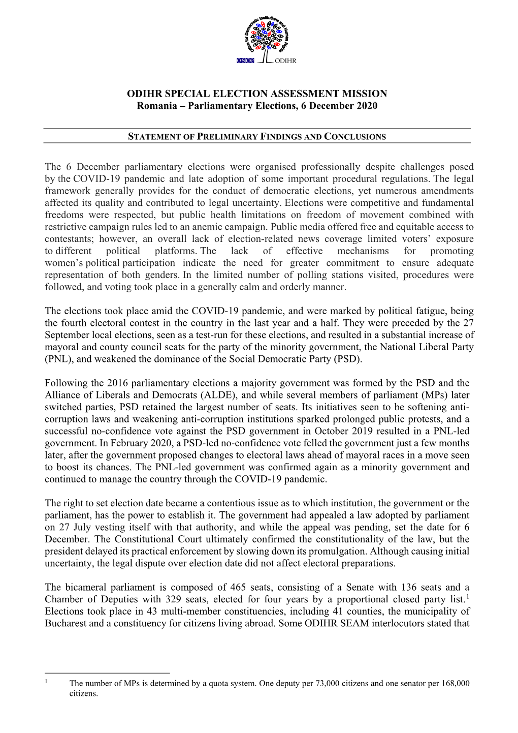 Parliamentary Elections, 6 December 2020 STATEMENT of PRELIMINARY FINDINGS and CONCLUSIONS