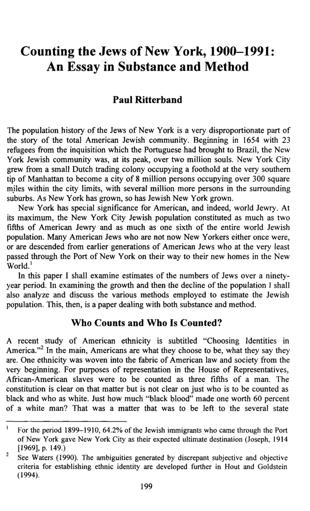 Counting the Jews of New York, 1900-1991: an Essay in Substance