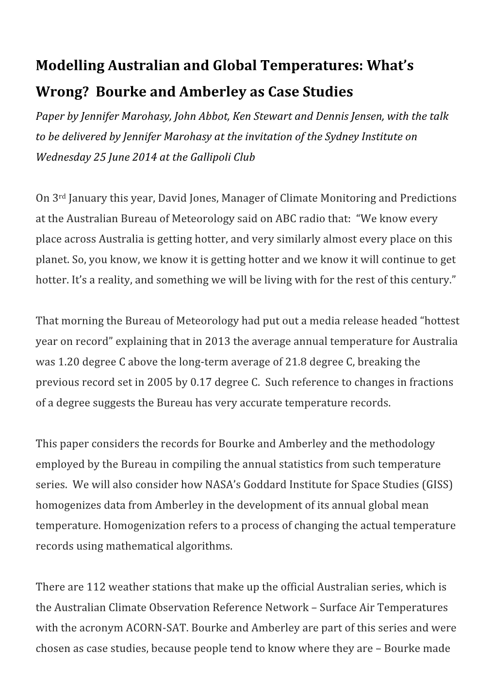 Modelling Australian and Global Temperatures