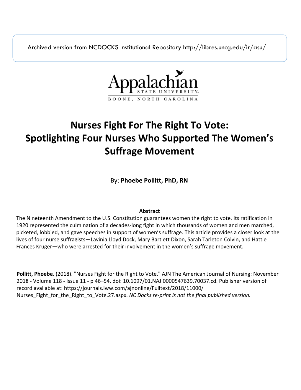 Nurses Fight for the Right to Vote: Spotlighting Four Nurses Who Supported the Women’S Suffrage Movement