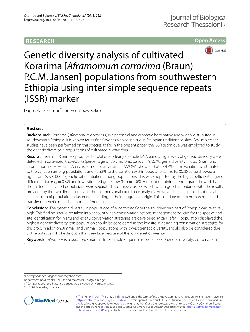 Genetic Diversity Analysis of Cultivated Korarima [Aframomum Corrorima (Braun) P.C.M