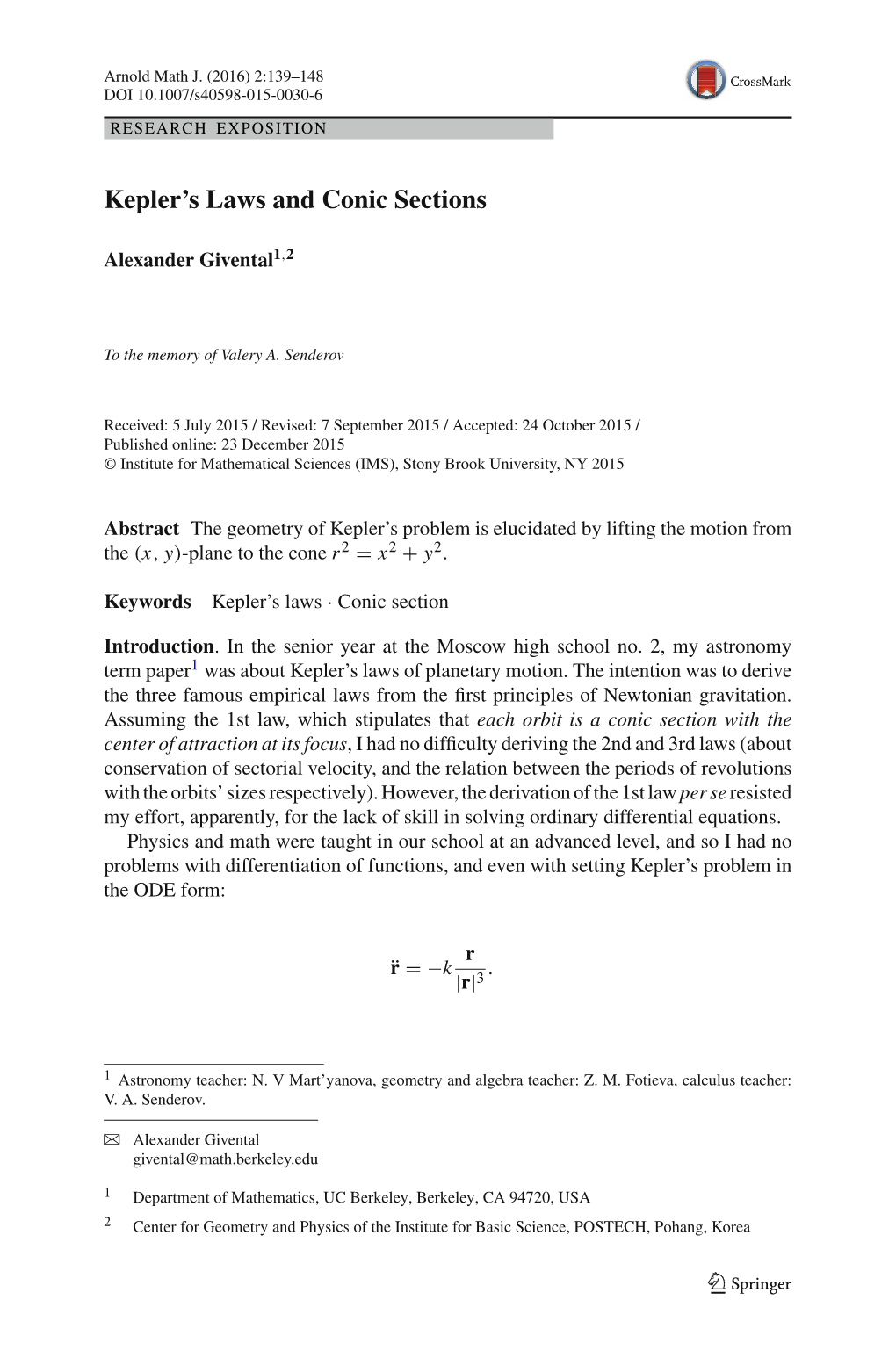 Kepler's Laws and Conic Sections