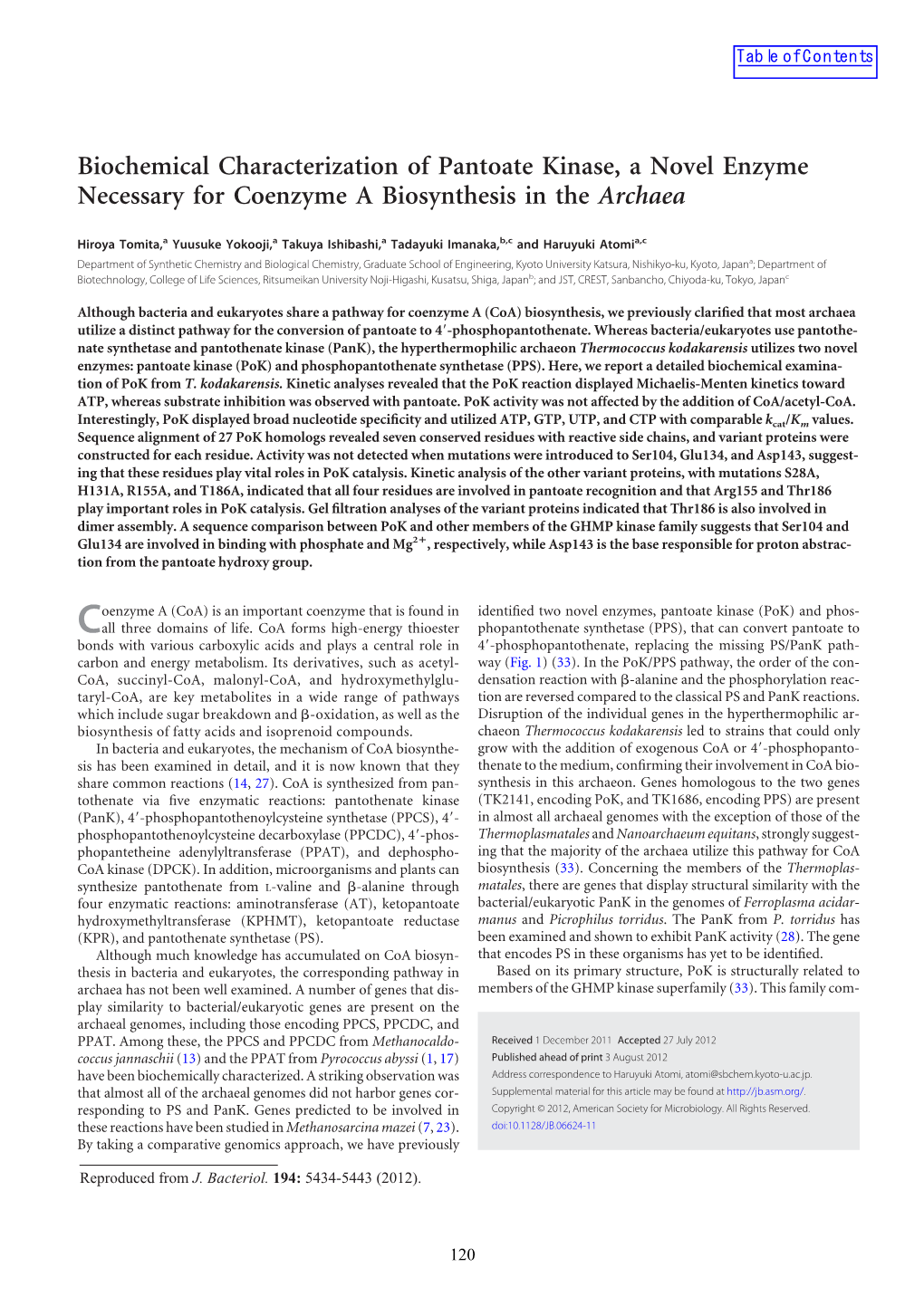 Biochemical Characterization of Pantoate Kinase, a Novel Enzyme Necessary for Coenzyme a Biosynthesis in the Archaea