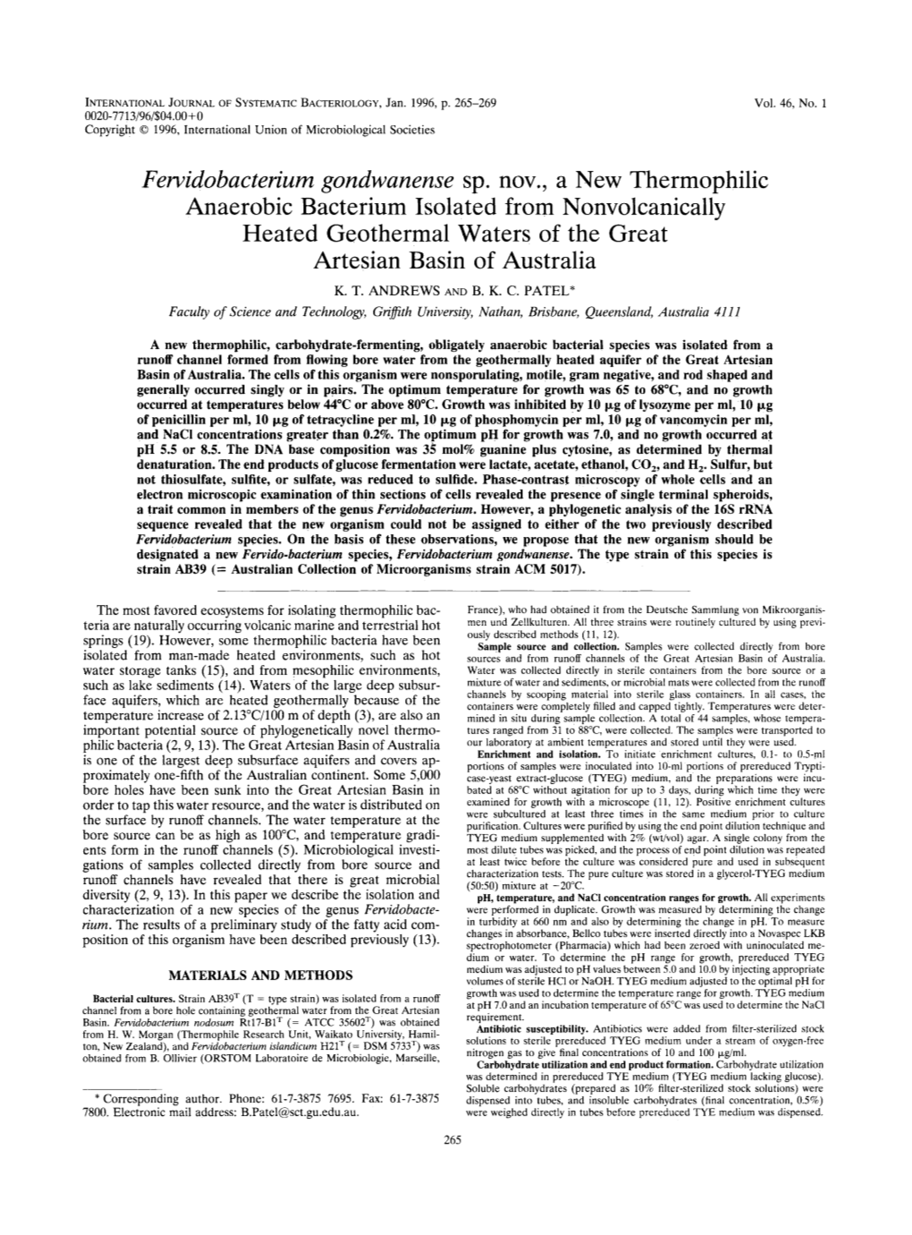 Fewidobacterium Gondwanense Sp. Nov., a New Thermophilic Anaerobic Bacterium Isolated from Nonvolcanically Heated Geothermal