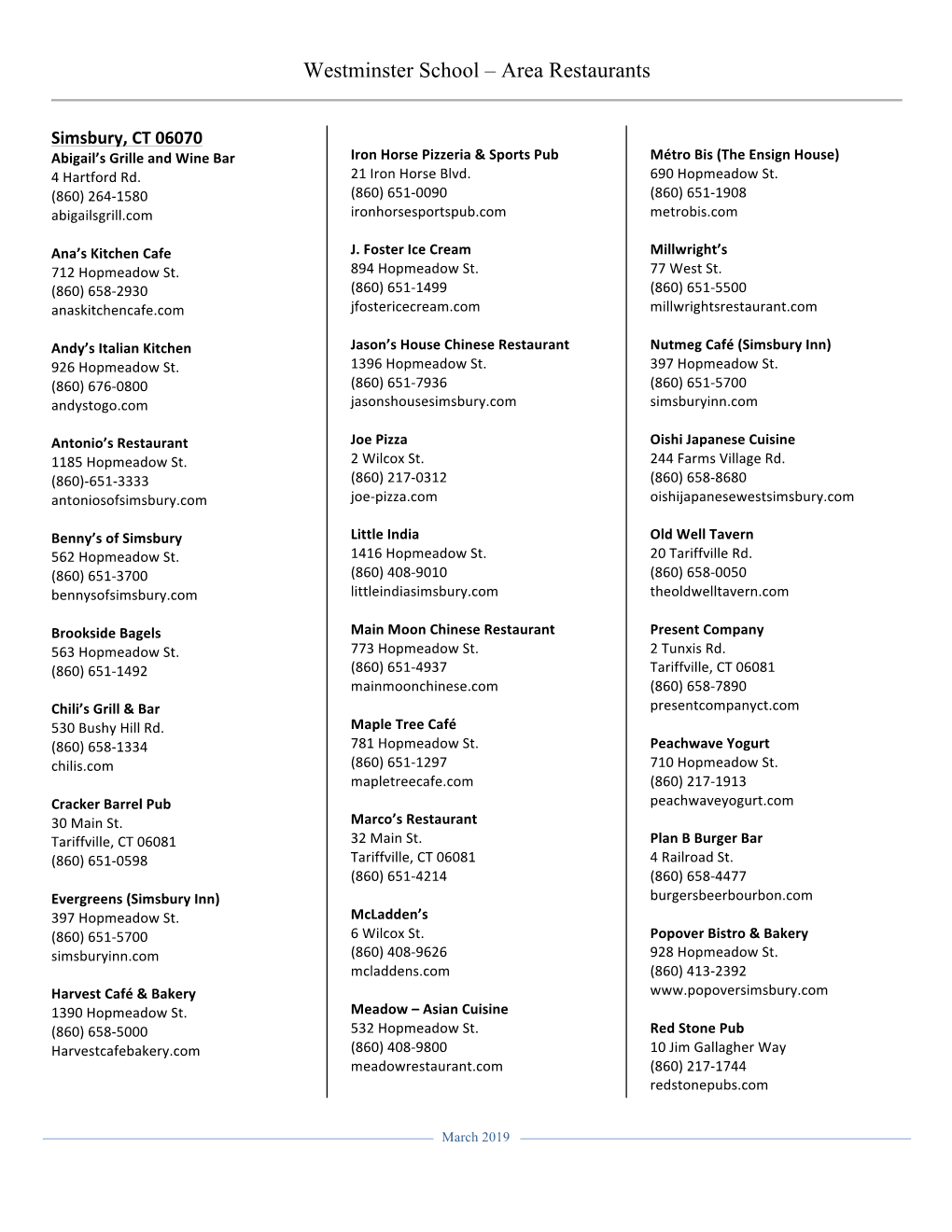 Westminster School – Area Restaurants